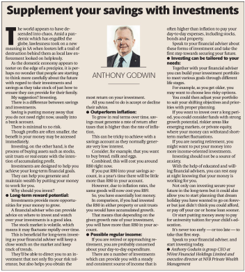 Press clipping of an article on savings and investments 
