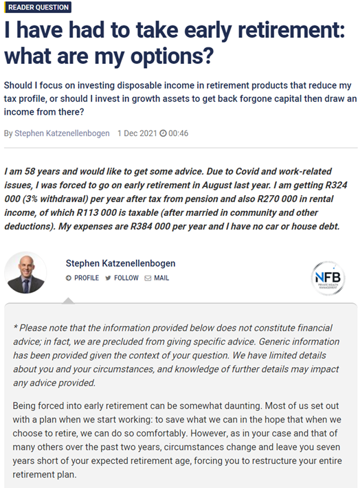 screen shot of an online article from a financial website about early retirement