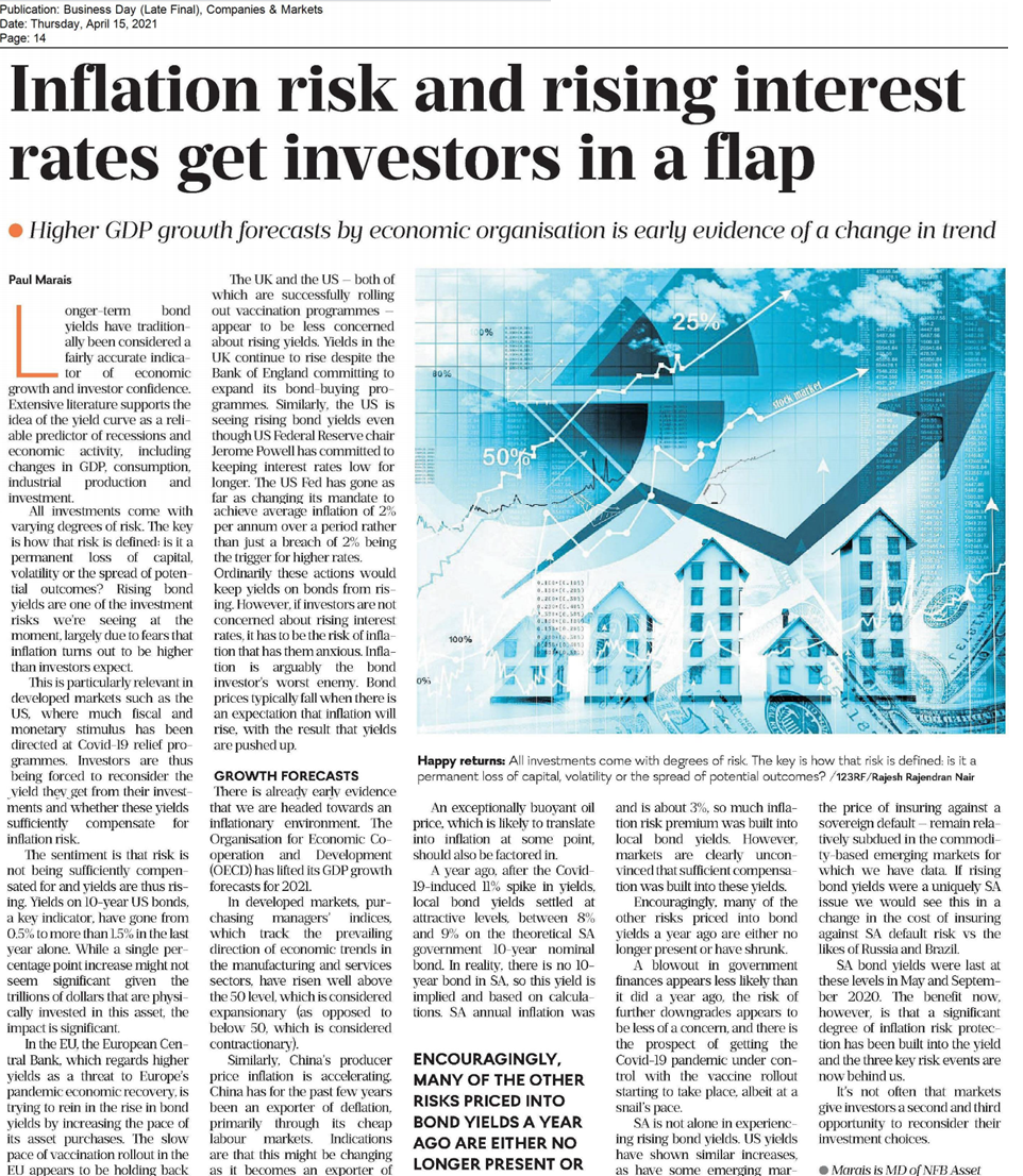 Screenshot of print article in Business day newspaper 