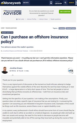 news article clipping about an article on offshore insurance products
