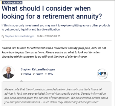 Screen shot of the Moneyweb reader question about what to consider when choosing a retirement annuity