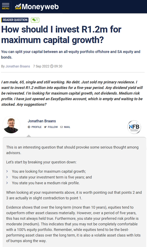 online article clipping about an article to achieve capital growth from a 1.3 million rand investment