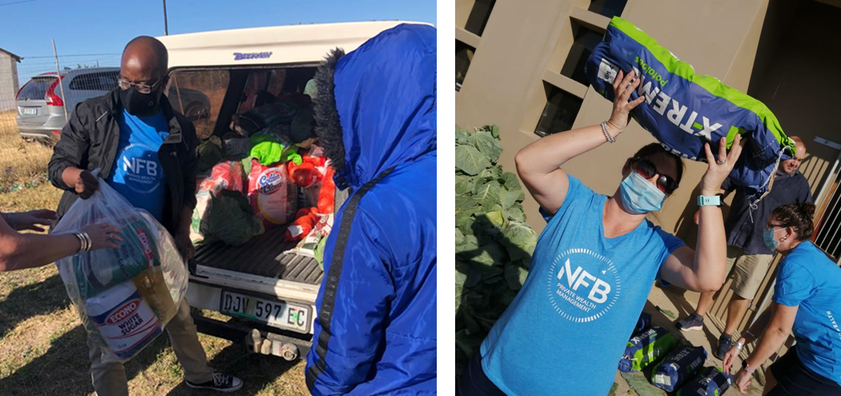 local males and females assisting local NGO's with food distribution