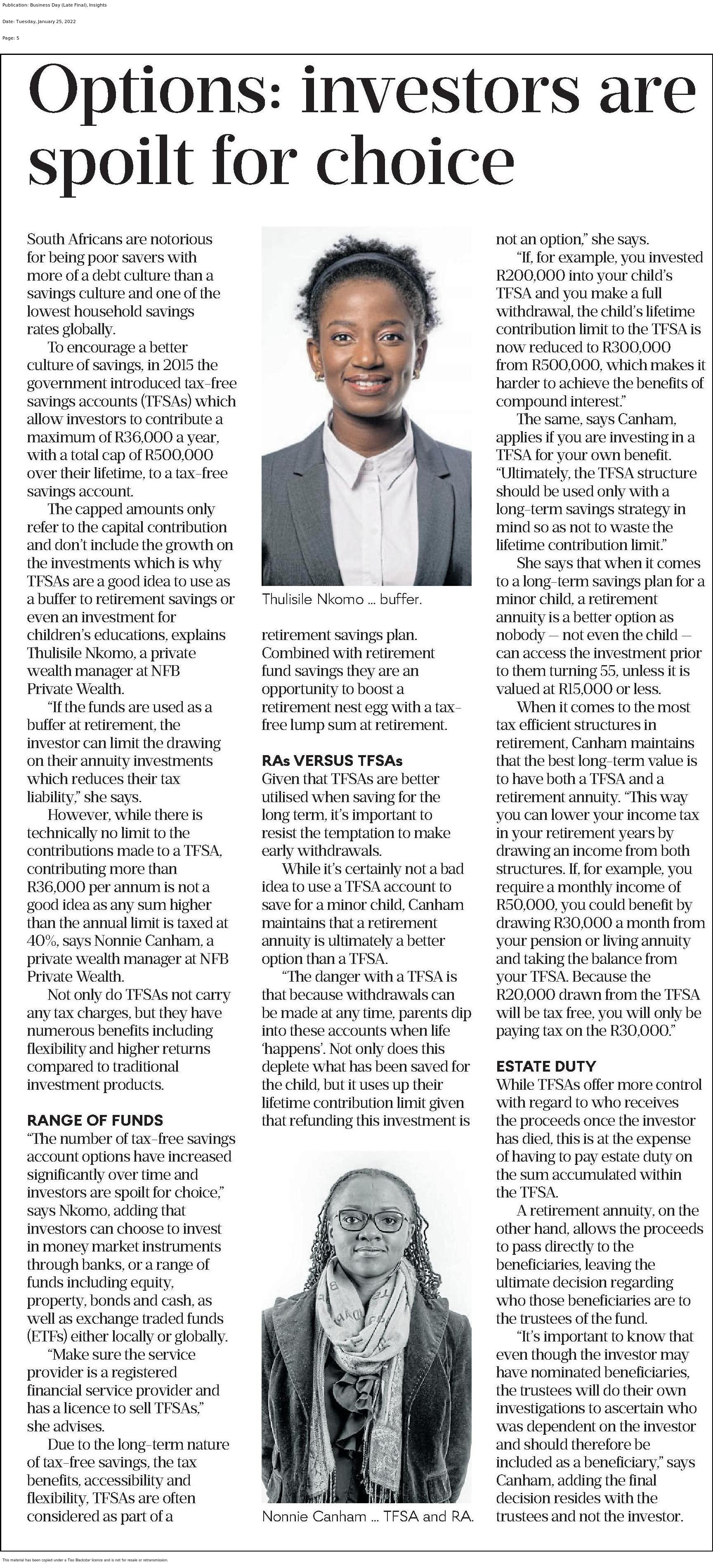 Newspaper clip or an article on the differences between a tax free savings account and a retirement annuity